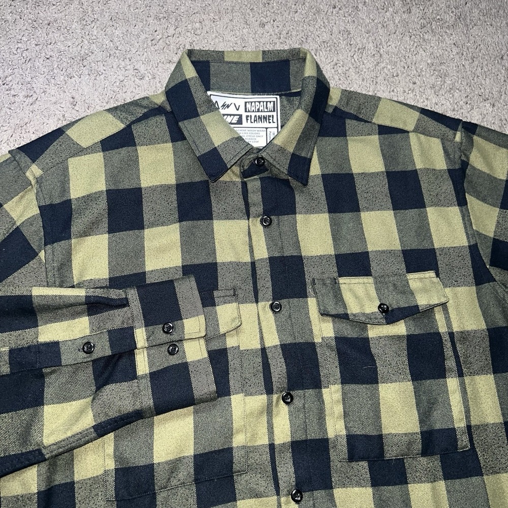 Napalm Flannel Shirt‎ Green Plaid 2XLT Made in the USA Polyester